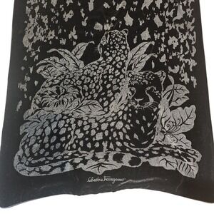 Salvatore Ferragamo Black Velvet Silk Blend Leopard Print Scarf Silver Metallic